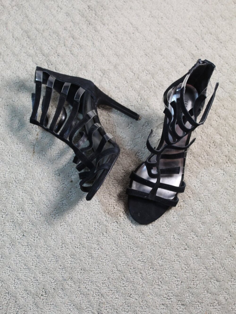 Bleecker & Bond Size 8.5M Black Suede Leather & Clear Plastic Strappy 4" Heels